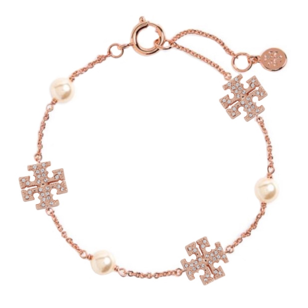 TORY BURCH • Rose Gold Delicate Crystal Logo Pearl Bracelet